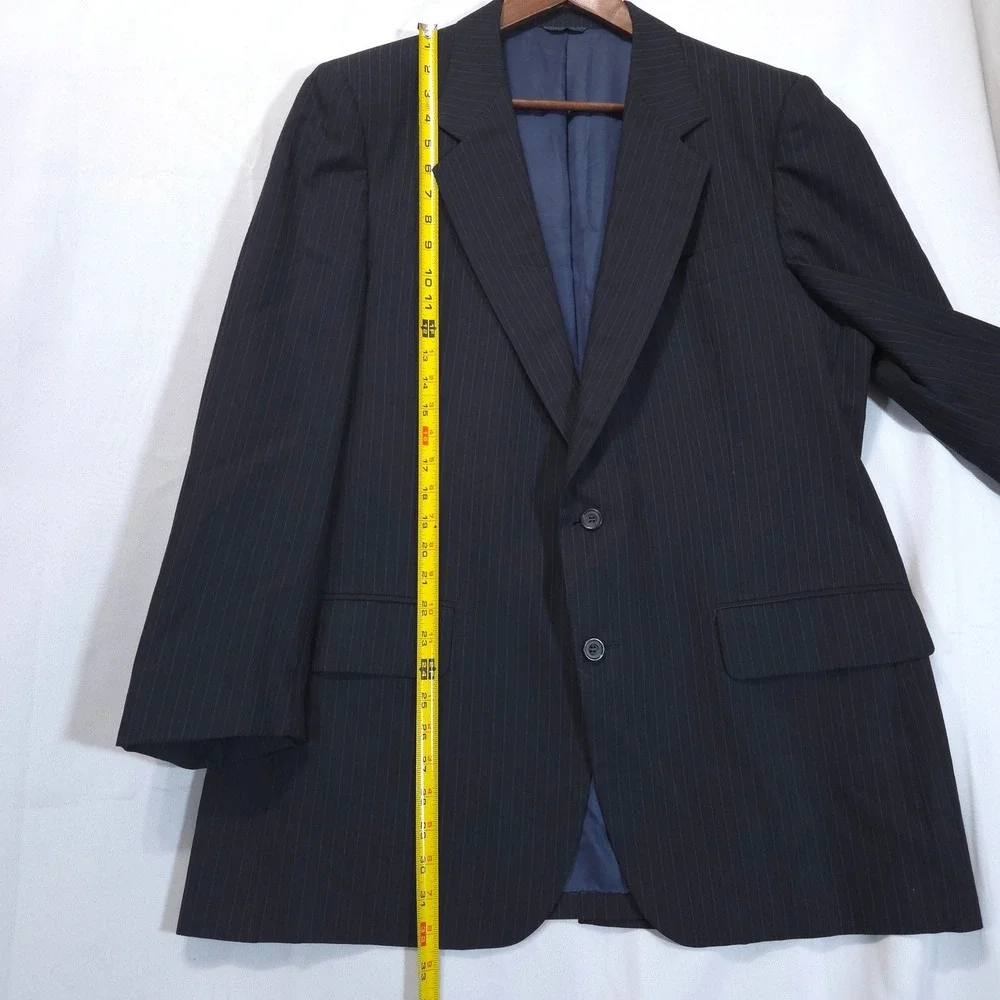 Vtg Sussex 100% Pure Wool Blazer Mens 46L Pinstripe Two Button Black Jacket 80s